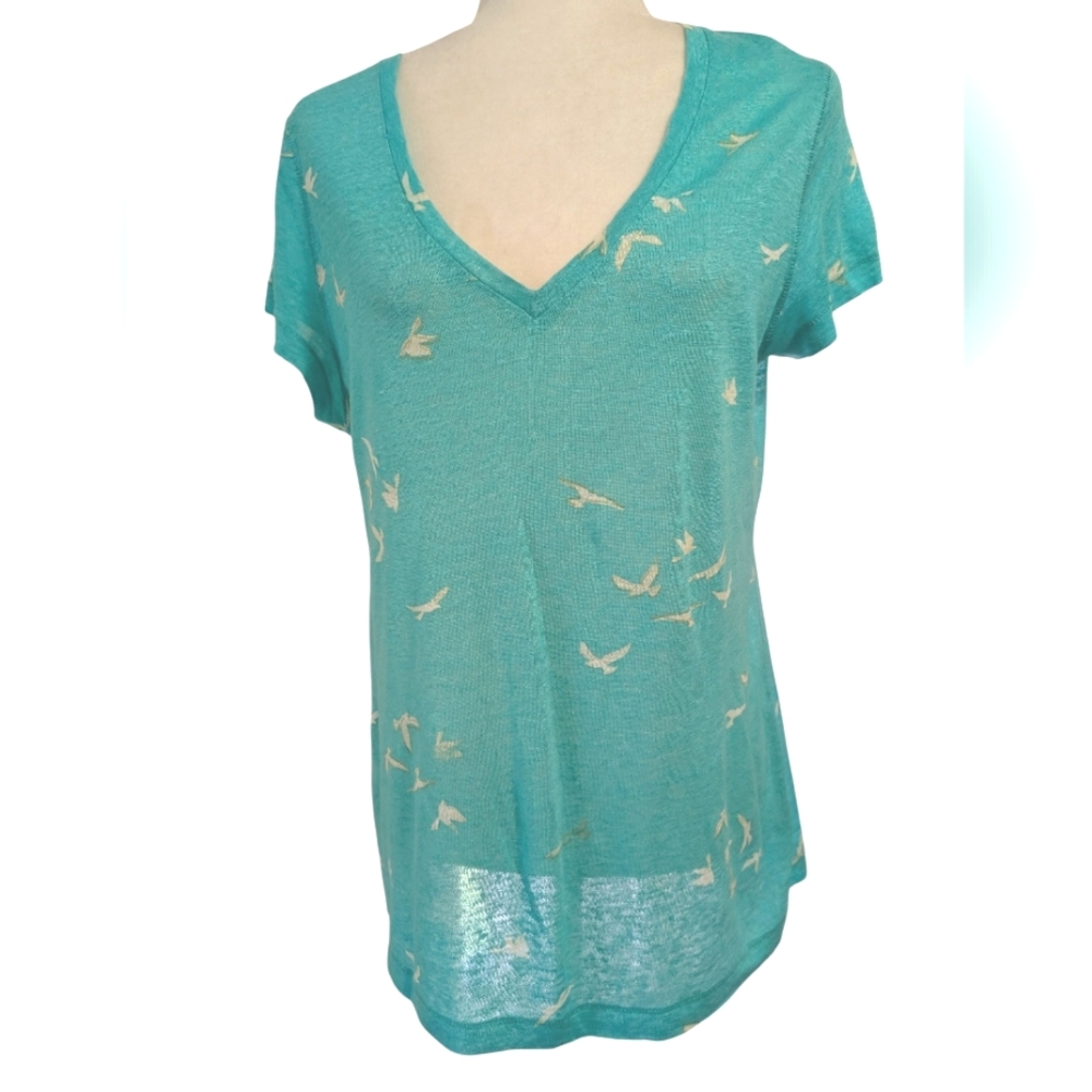 JCPenney Women's Top/T-shirt Linen M Torquoise Birds Lightweight Breathable